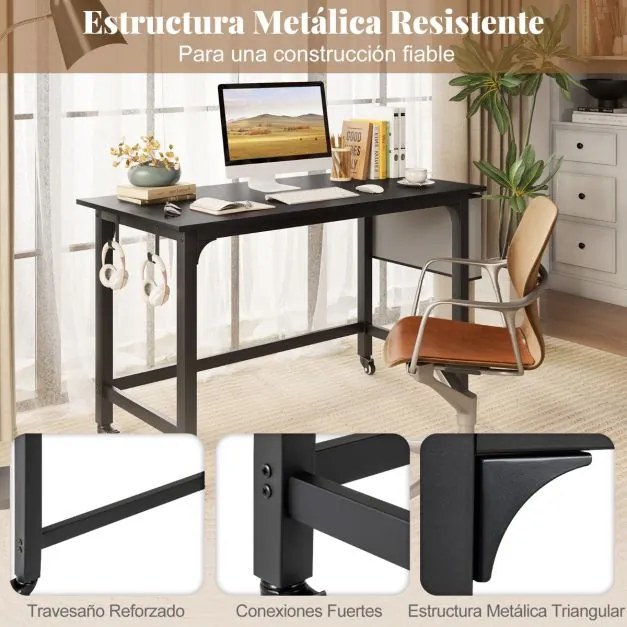 Secretária com Rodas Mesa de Escritório 120 x 60 x 75 cm com Bolsa e Ganchos para Auscultadores Compacta Estrutura em Metal Preto