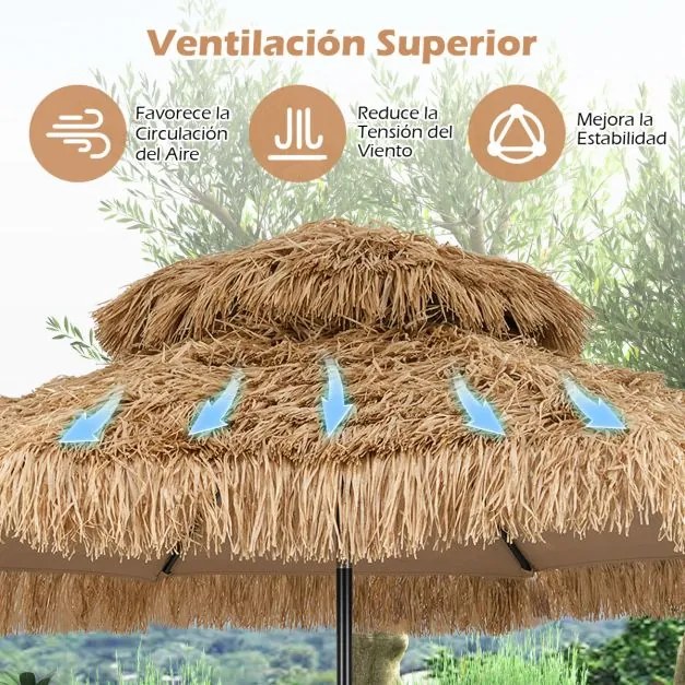 Guarda-sol Tiki 299 cm de praia estilo havaiano com manivela Ajuste fácil da inclinação Tampa ventilada 8 varas Natural+Preto