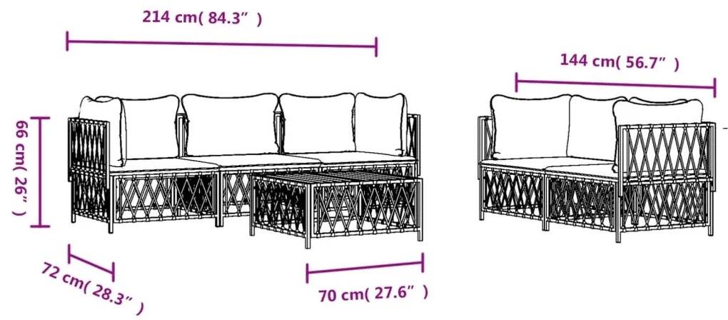 6 pcs conjunto lounge de jardim com almofadões aço branco