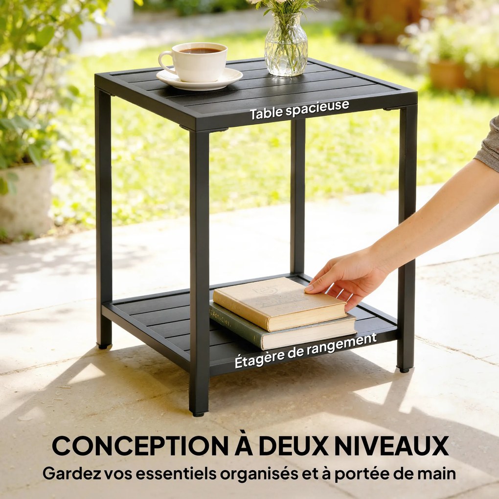 Mesa de centro de exterior de 2 níveis em metal 45 x 45 x 54 cm, mesa de jardim quadrada com prateleira de arrumação, preta
