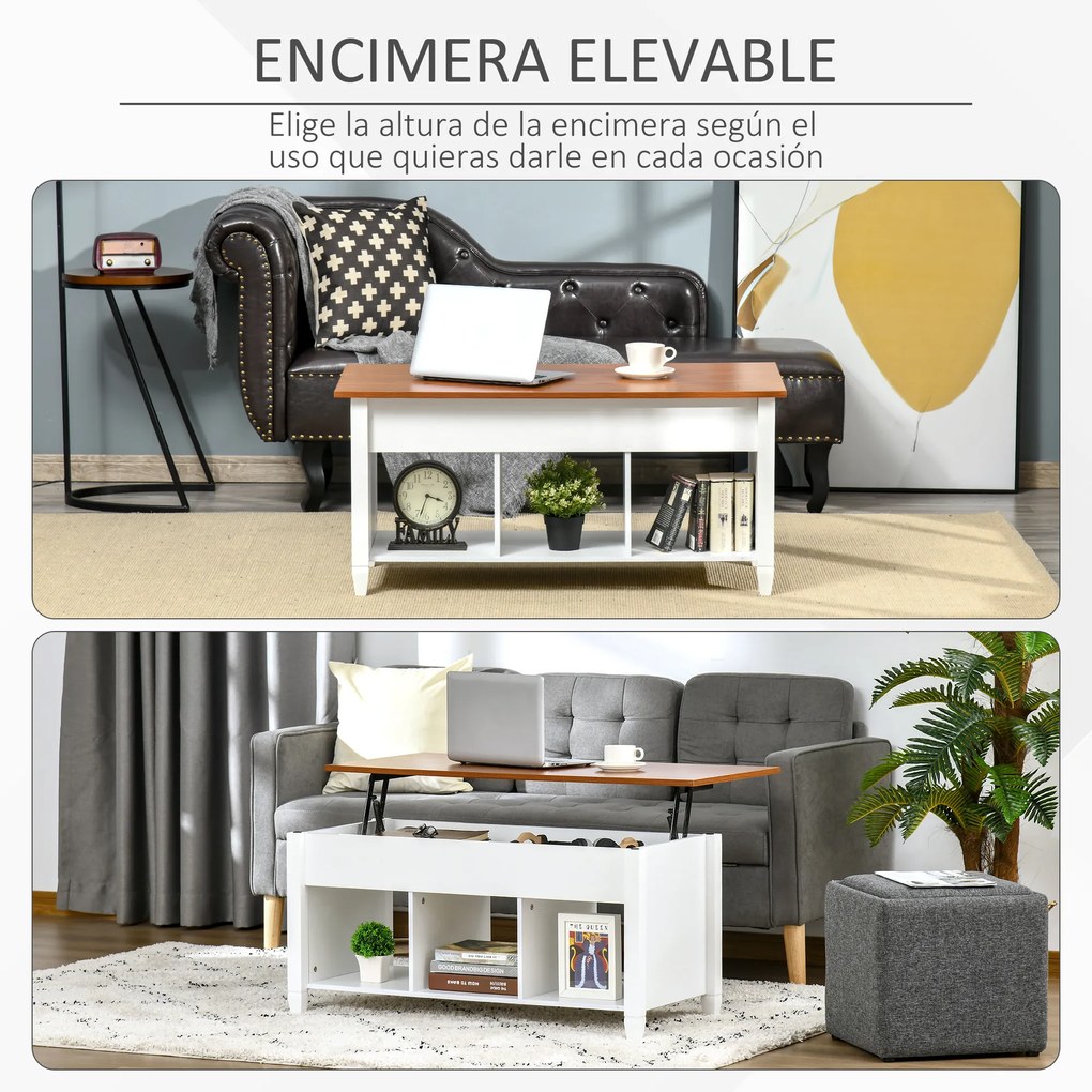 HOMCOM Mesa de Centro com Bancada Elevável Mesa de Centro com 3 Compartimentos Abertos Mesa Retangular Moderna para Sala de Estar 105x50x48cm Branco e Marrom