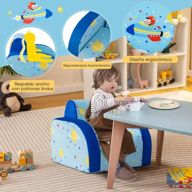 Poltrona infantil conversível 3 em 1 para crianças de 0 a 4 anos Sofá-cama com assento acolchoado de espuma Tecido de veludo 92 x 47,5 x 40 cm Azul