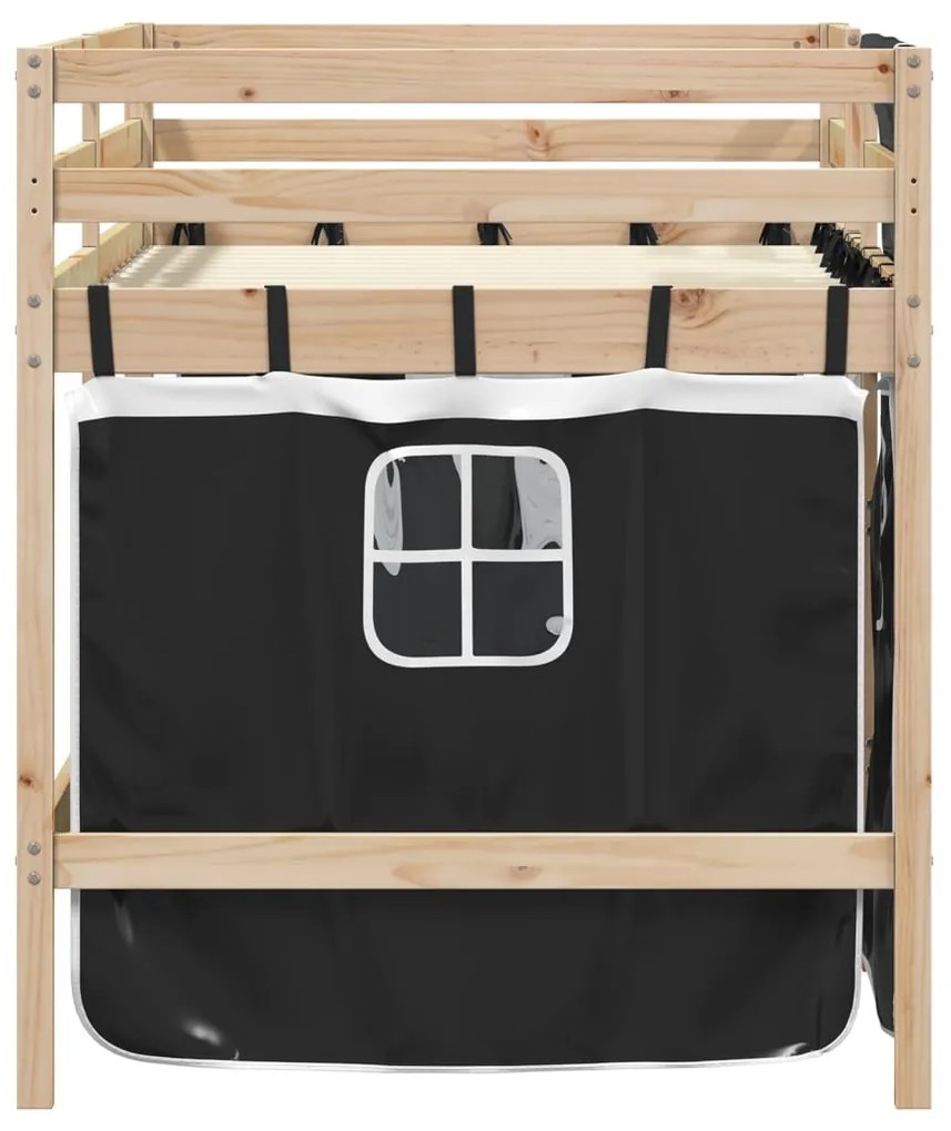 Cama alta criança c/ cortina 90x190cm pinho maciço branco/preto