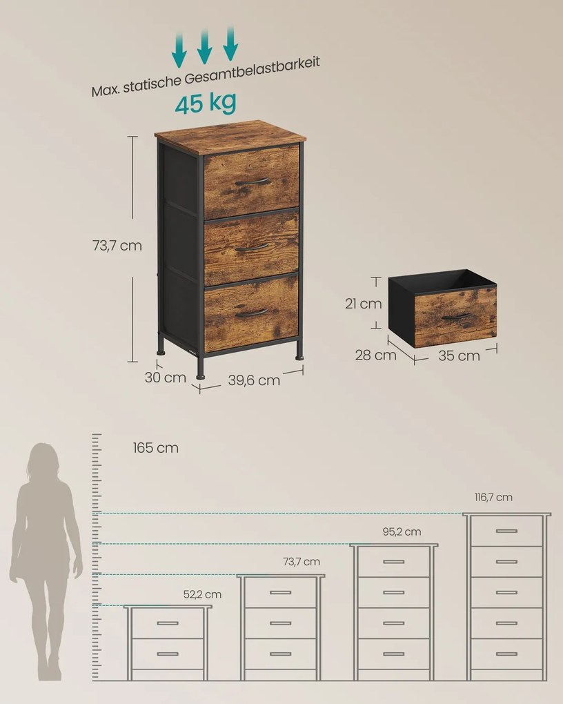 Cómoda com gavetas em tecido 30 x 39,6 x 73,7 cm castanho-preto