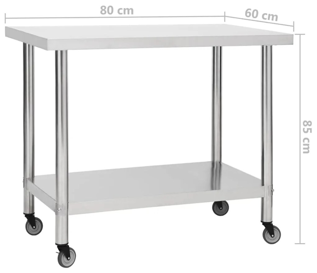 Mesa de trabalho de cozinha com rodas aço inoxidável 80x60x85cm