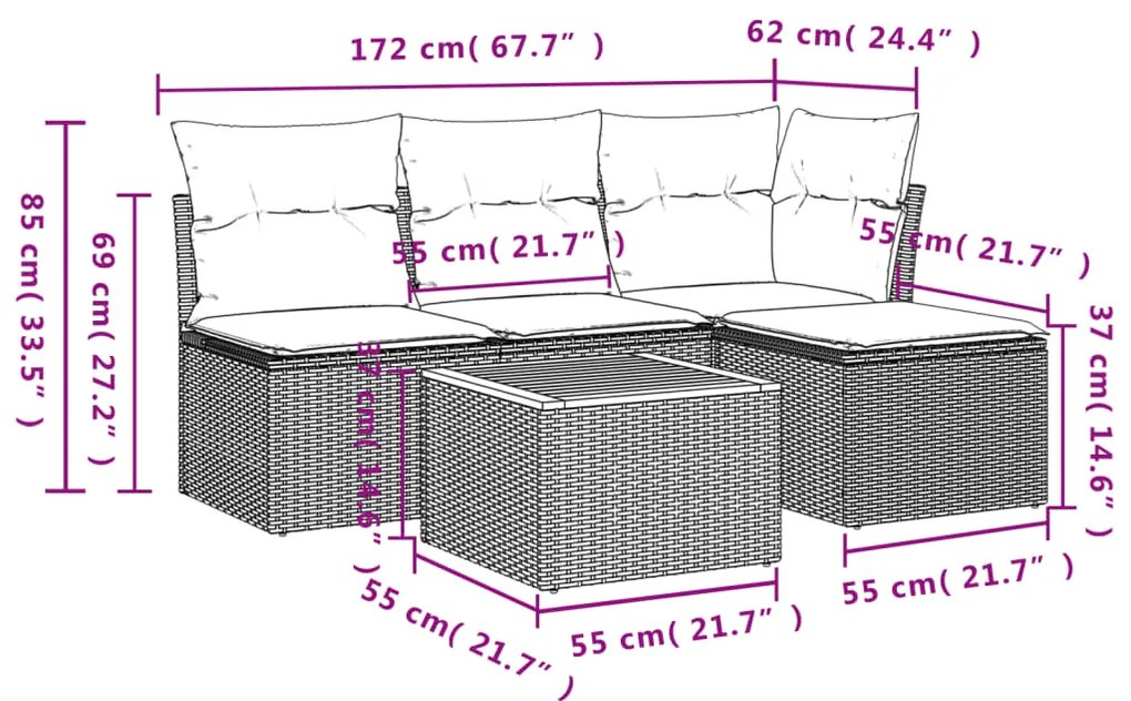 5 pcs conjunto sofás de jardim com almofadões vime PE preto