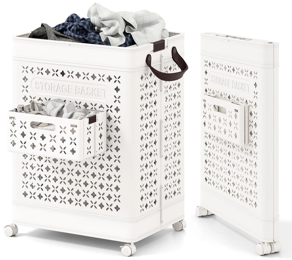 Cesto de roupa de 75L com rodas, coletor de roupa que economiza espaço, recipiente de armazenamento branco
