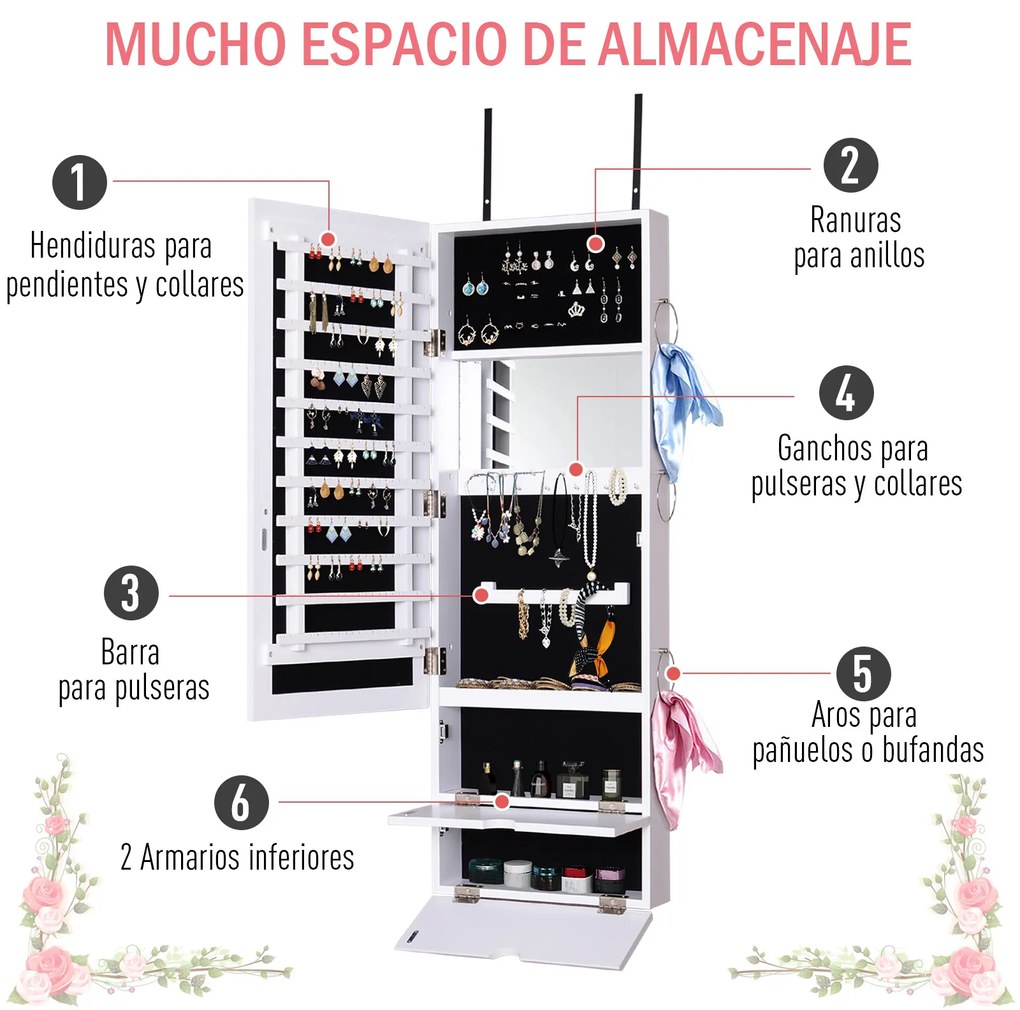 HOMCOM Espelho com Móvel de Bijuterias de Parede ou Porta Armário Porta Jóias com Altura Ajustável 2 Prateleiras Fechadas com Portas e Organizador de Jóias 35,5x9,5x102cm Branco