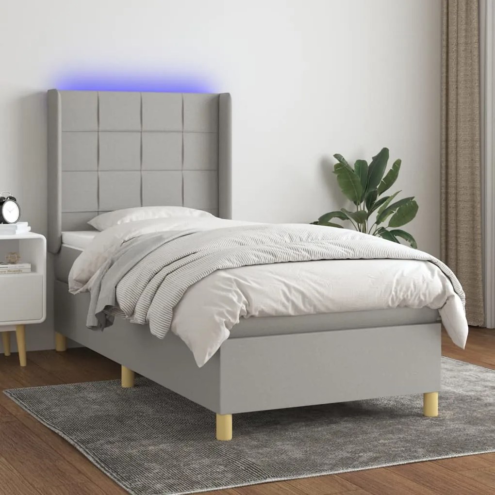 Cama box spring c/ colchão e LED 90x190 cm tecido cinza-claro