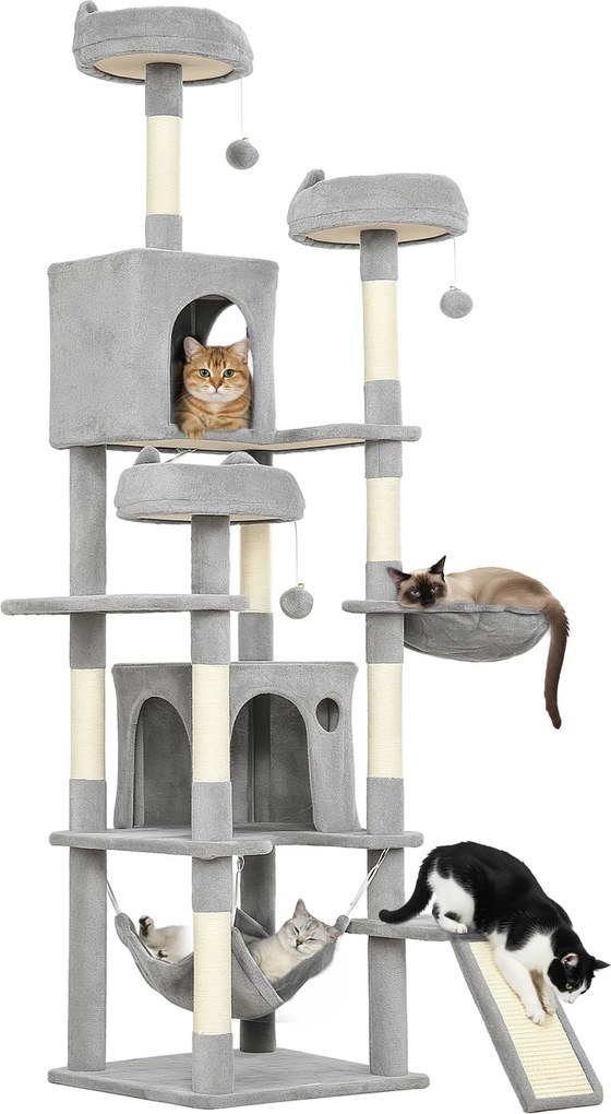 Arranhador para gatos com torre de brincadeiras: 8 postes para arranhar, 4 plataformas, 2 compartimentos abertos, escada e 3 bolas; altura: 192 cm; ci