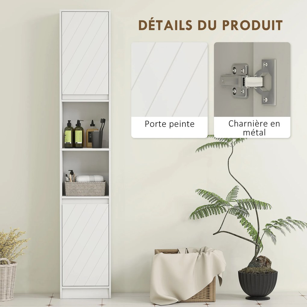 Armário de coluna para casa de banho 30 x 24 x 170 cm, móvel de arrumação com 2 portas, 2 compartimentos abertos, branco