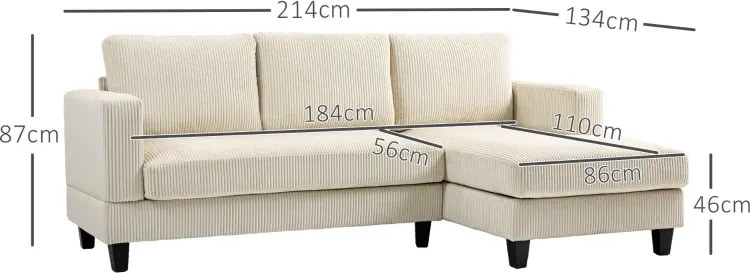 Sofá Chaise Longue de 3 Lugares em L Estofado em Veludo Assento e Encosto Almofadados 214x134x87 cm Bege