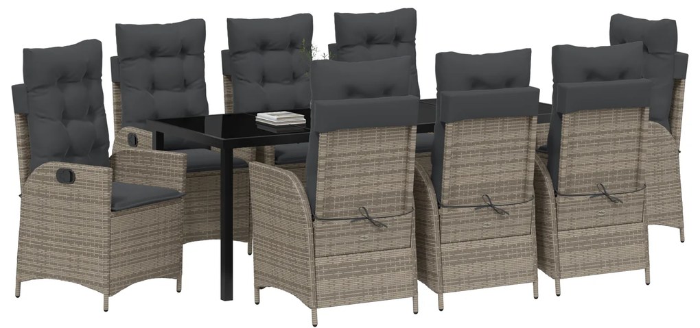 Conjunto de Jantar de Jardim com 9 Peças e Almofadas Cinza Rattan Poli