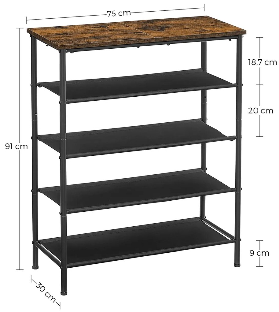 Sapateira com 4 prateleiras em tecido de poliéster 75 x 30 x 91 cm Castanho Vintage -preto