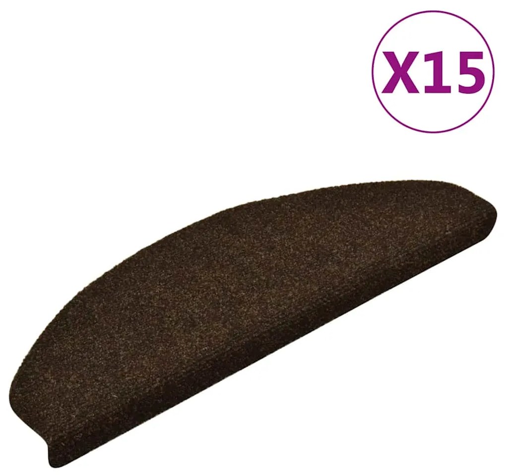 Tapetes escada autoadesivos 15 pcs 65x21x4 cm agulhado castanho