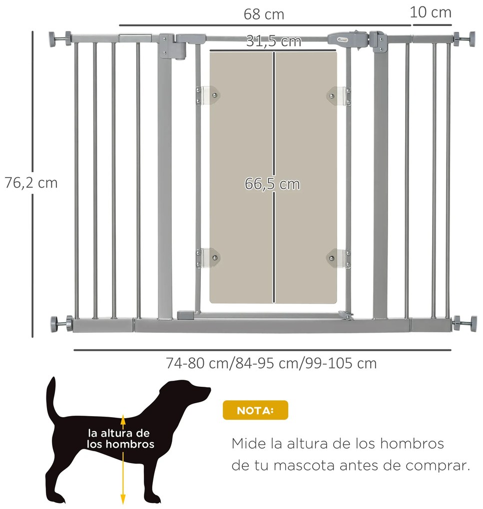 Barreira de Segurança de Cães para Escadas e Portas 74-105cm com 2 Extensões de Aço 10/15cm Porta de Acrílico e Fechamento Automático Altura 76,2cm Ci