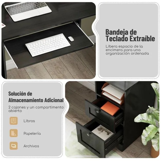 Secretária em L de 168 cm com 2 tomadas CA, uma porta USB e uma porta Tipo C 2 gavetas Estante ajustável e tabuleiro para teclado Preto
