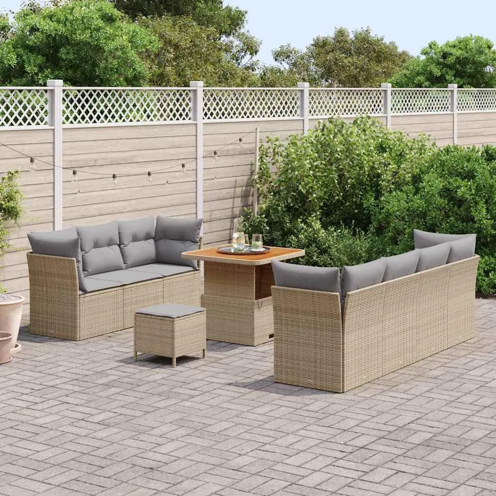 Conjunto de Sofá de Jardim com 10 Peças e Almofadas Bege Vime Sintétic