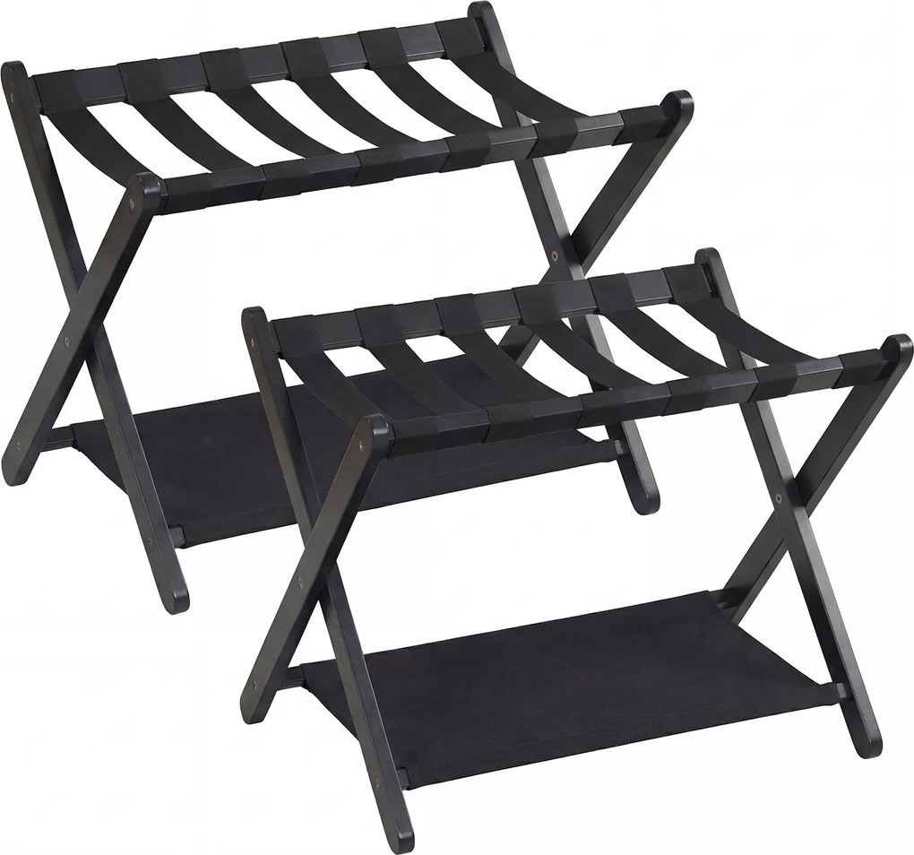 Conjunto de 2 porta-bagagens dobráveis de 2 níveis 67 x 46 x 52 cm, em madeira de borracha, com estantes de nylon e Estrutura em X, para quartos de ho