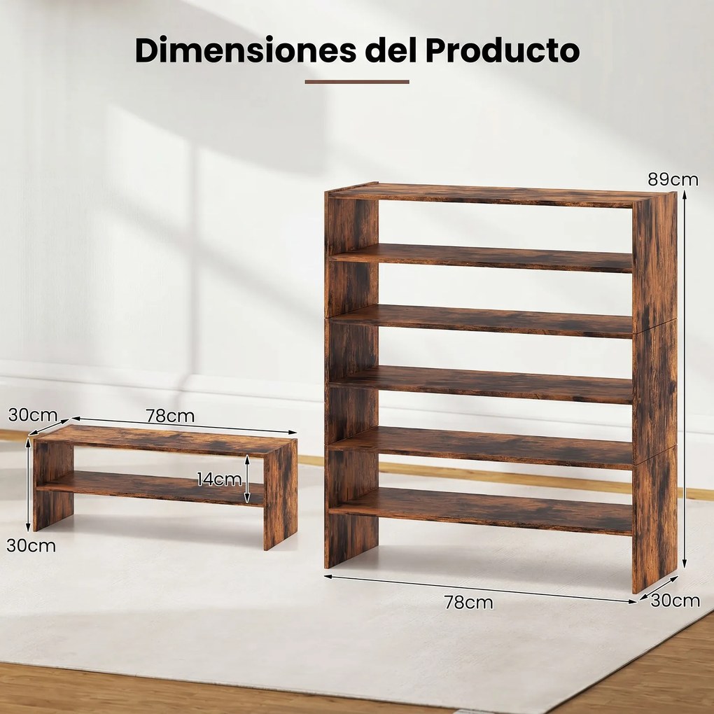 Estante para Sapatos Modular, 78 x 30 x 89 cm, 6 Prateleiras, Castanho