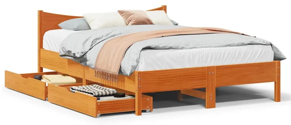 Estrutura cama c/ gavetas 150x200 cm pinho maciço castanho-mel