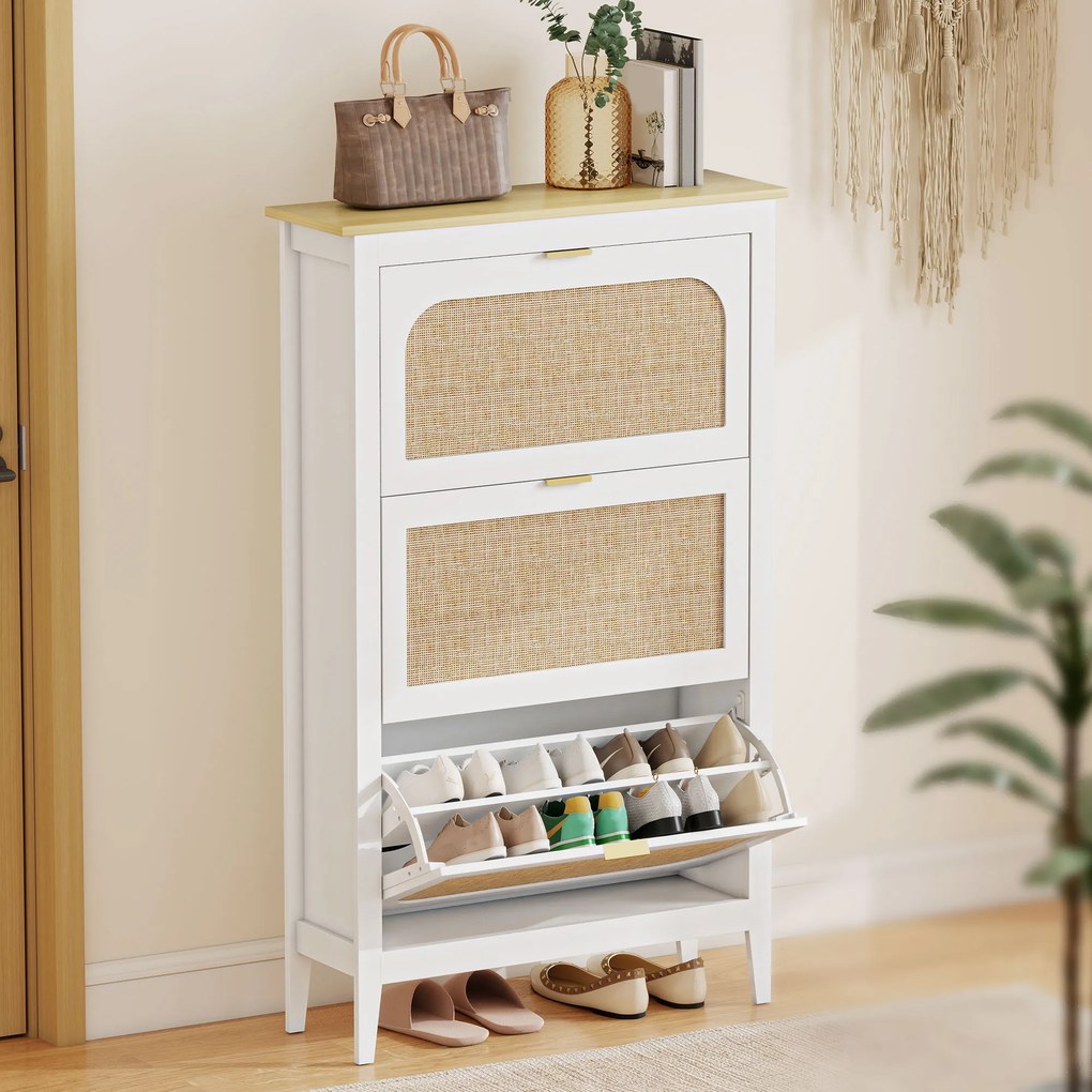 Sapateira com capacidade para 21 pares 80 x 24 x 131 cm, estilo boémio, com 3 gavetas rebatíveis, portas com efeito de vime, branco