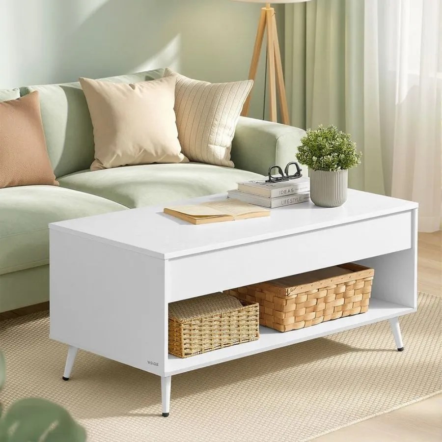 Mesa de centro 50 x 100 x 45/58,5 cm com tampo ajustável e compartimento oculto, branca