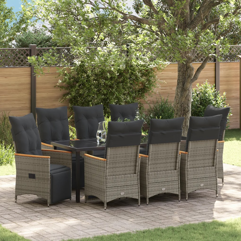 Conjunto de Jantar de Jardim de 9 Peças com Almofadas Cinza Poli Ratta