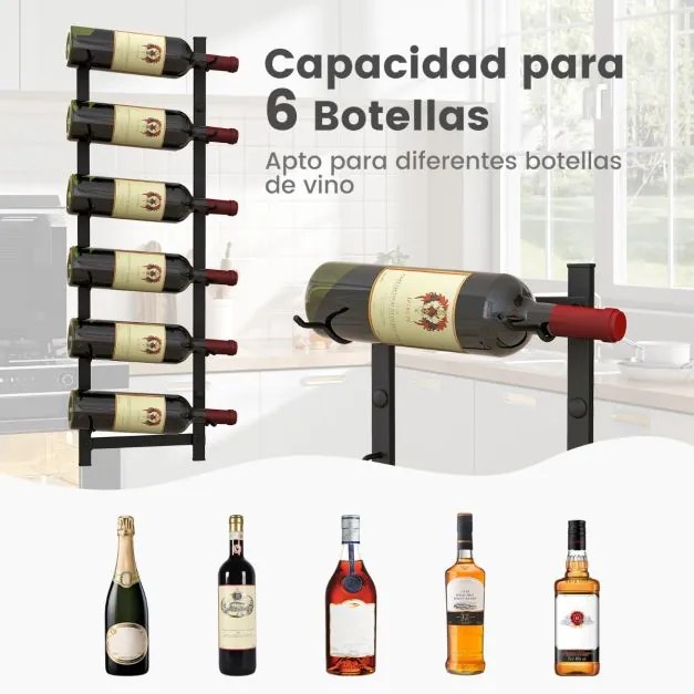 Garrafeira de parede para 6 garrafas Estante suspensa em aço inoxidável para garrafas de vinho Estante vertical para vinhos para cozinha, sala de jant