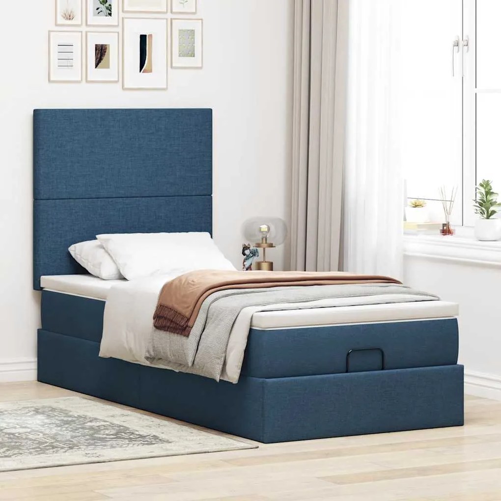 Cama Otomana com Colchão &amp; LEDs Tecido Azul 100x200 cm