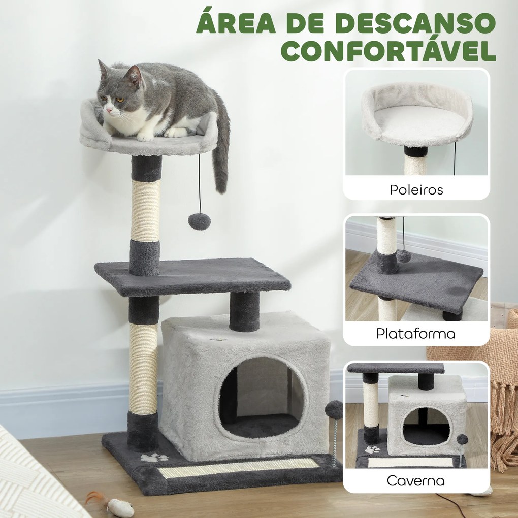 Arranhador para Gatos com Plataformas Caverna Postes Arranhadores Tapete de Sisal e Bolas 48x40x85 cm Cinzento Claro e Preto