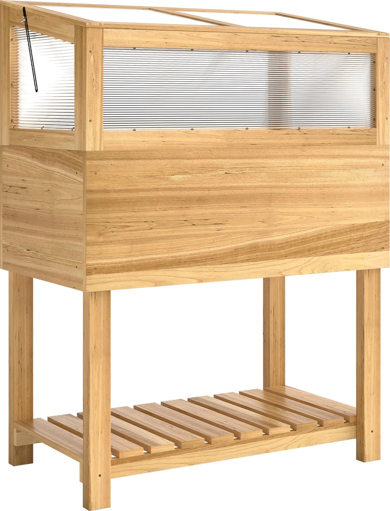 Outsunny Canteiro elevado com cobertura-estufa em madeira vaso elevado com tampa rebatível prateleira tecido não tecido ergonômico | Aosom Portugal