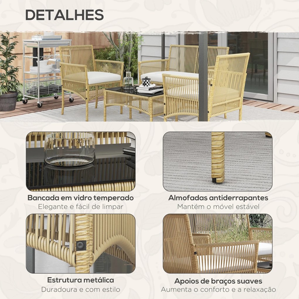 Conjunto de Móveis de Jardim em Vime PE – 4 Peças – Aço e Vidro – Bege