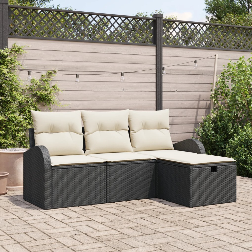 Conjunto de Sofá de Jardim em 4 Peças com Almofadas Preto Vime Sintéti