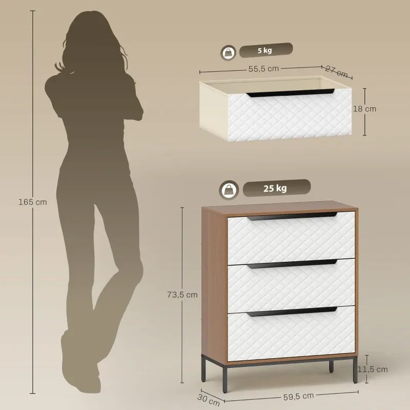 Cómoda com 3 Gavetas de Tecido Frentes com Padrão de Diamante 59,5x30x73,5 cm Móvel de Arrumação Madeira e Branco