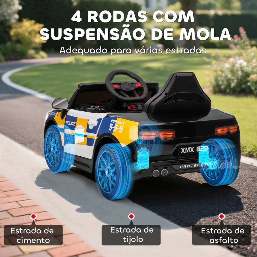 Carro Elétrico Infantil Modelo Policia 12V com Comando a Distância 2,4 Luzes Sirene Música USB e Suspensão 96x60x45 cm Multicor