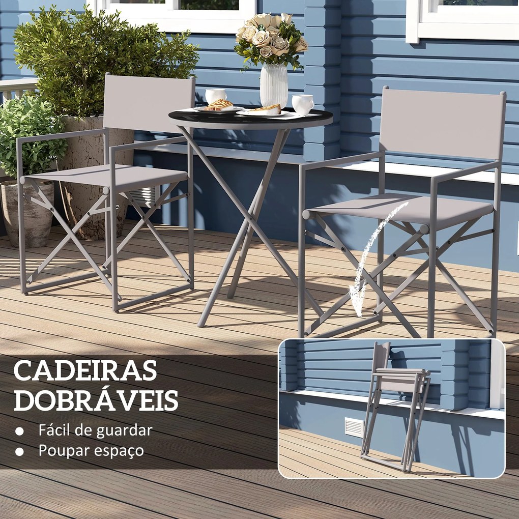 Conjunto de Móveis de Jardim de 3 Peças com 2 Cadeiras Dobráveis Mesa com Bancada em Vidro Temperado Cinza Escuro