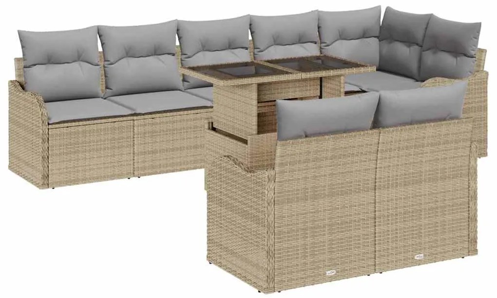 Conjunto de Sofá de Jardim vidaXL 9 Peças com Almofadas Bege Rattan Poliéster