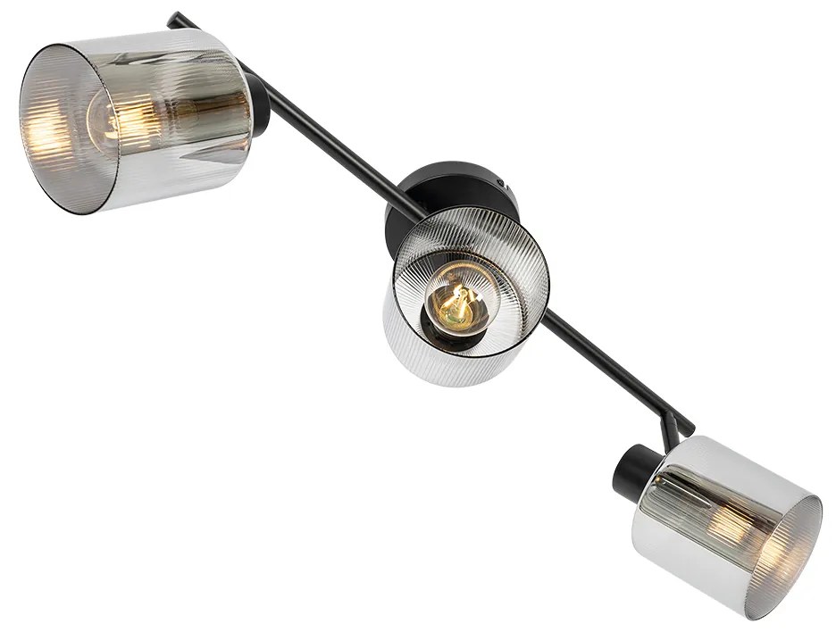 Candeeiro de teto com focos ajustáveis preto com vidro fumê 3 luzes - Laura Art Deco