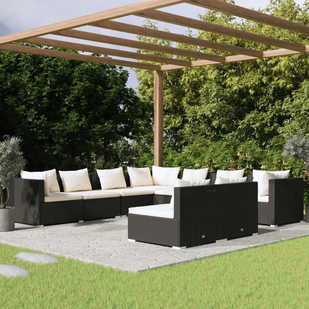 vidaXL 9 pcs conjunto lounge de jardim c/ almofadões vime PE preto