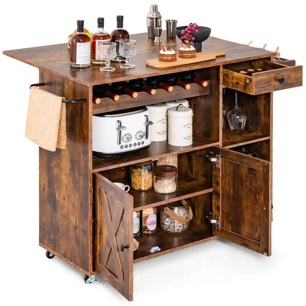 Carrinho de cozinha buffet com rodas Estante de vinho dobrável para copos 121 x 68 x 88 cm Castanho rústico
