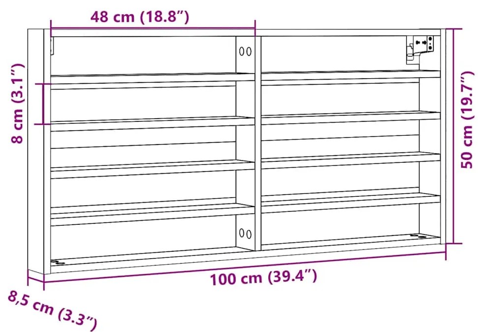 Armário vitrine 100x8,5x50 cm derivados de madeira cinza sonoma