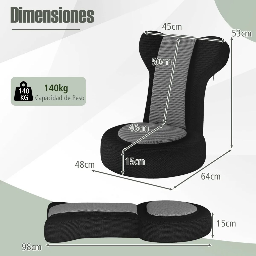 Cadeira de chão Cadeira de sofá com apoio para a cabeça e encosto ajustável Estrutura metálica resistente cinzento