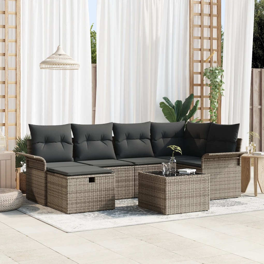 Conjunto de Sofá de Jardim com 7 Peças e Almofadas Cinza Poli Rattan