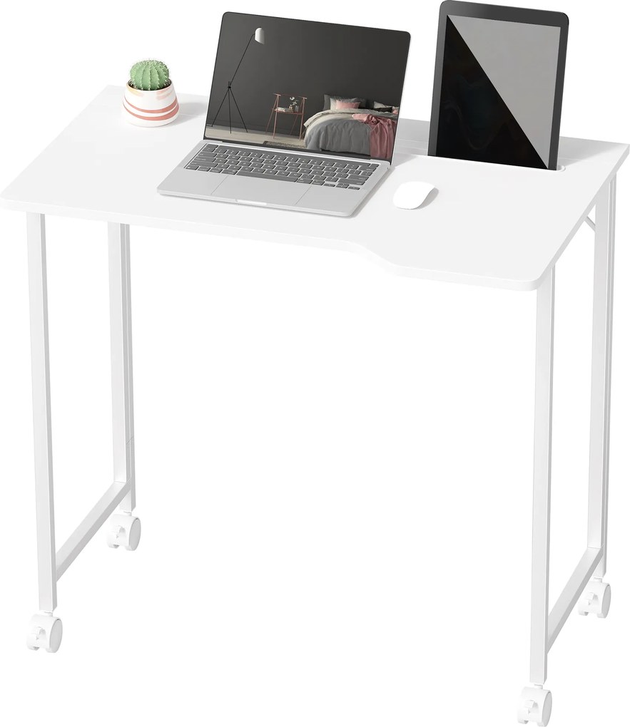 Secretária de Computador Dobrável, 80 x 52 x 75 cm, Com Rodas, Branca