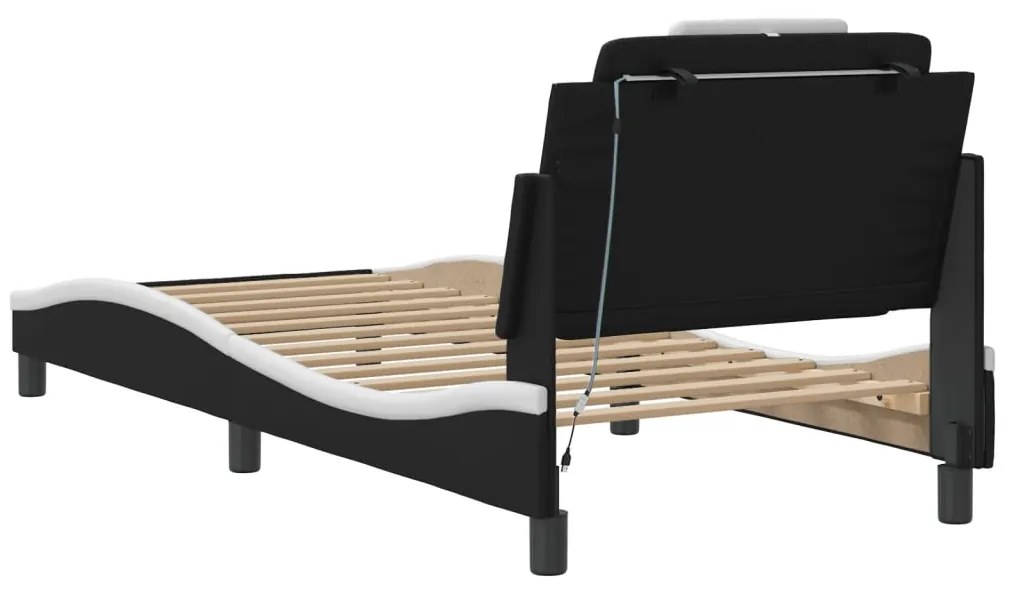 Estrutura cama c/ luzes LED 90x200 cm couro artif. preto/branco