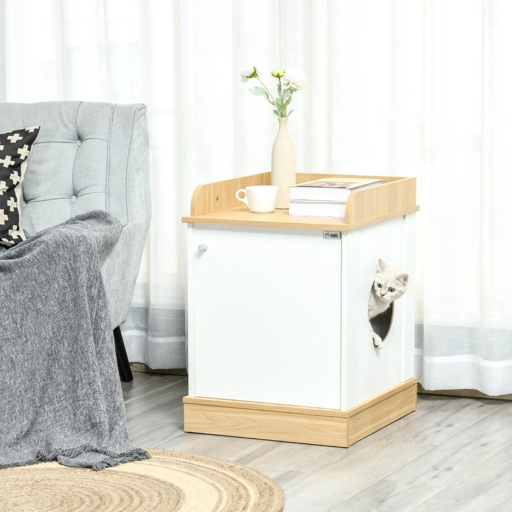 Casa para Gatos de Madeira Móvel Caixa de Areia para Gatos 2 em 1 com Bancada de Armazenamento Porta e Orifício de Entrada Lateral 48,5x53x67cm Branco
