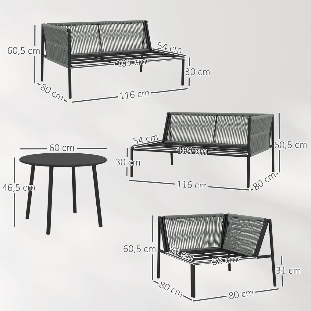 Conjunto de Jardim em Vime com Almofadas Móveis de Jardim com 2 Sofás de 2 Lugares Sofá de Canto Mesa Redonda Cinza Escuro
