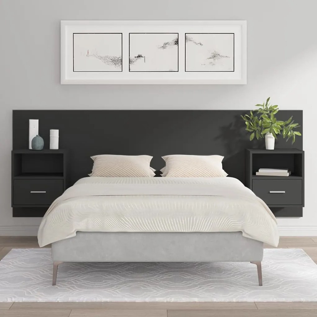vidaXL Cabeceira cama + armários madeira processada preto