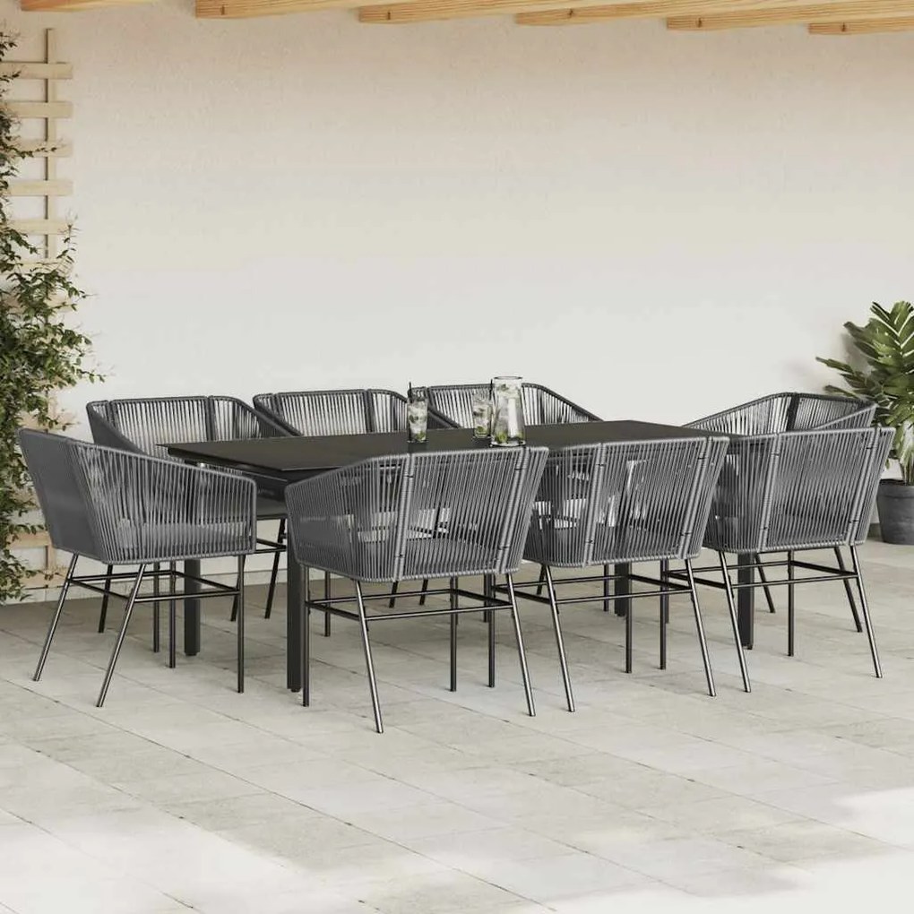 Conjunto jantar jardim 9 peças almofadas vidro vime cinzento PE